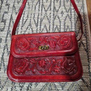 Vintage Boho Red Leather Tooled Purse